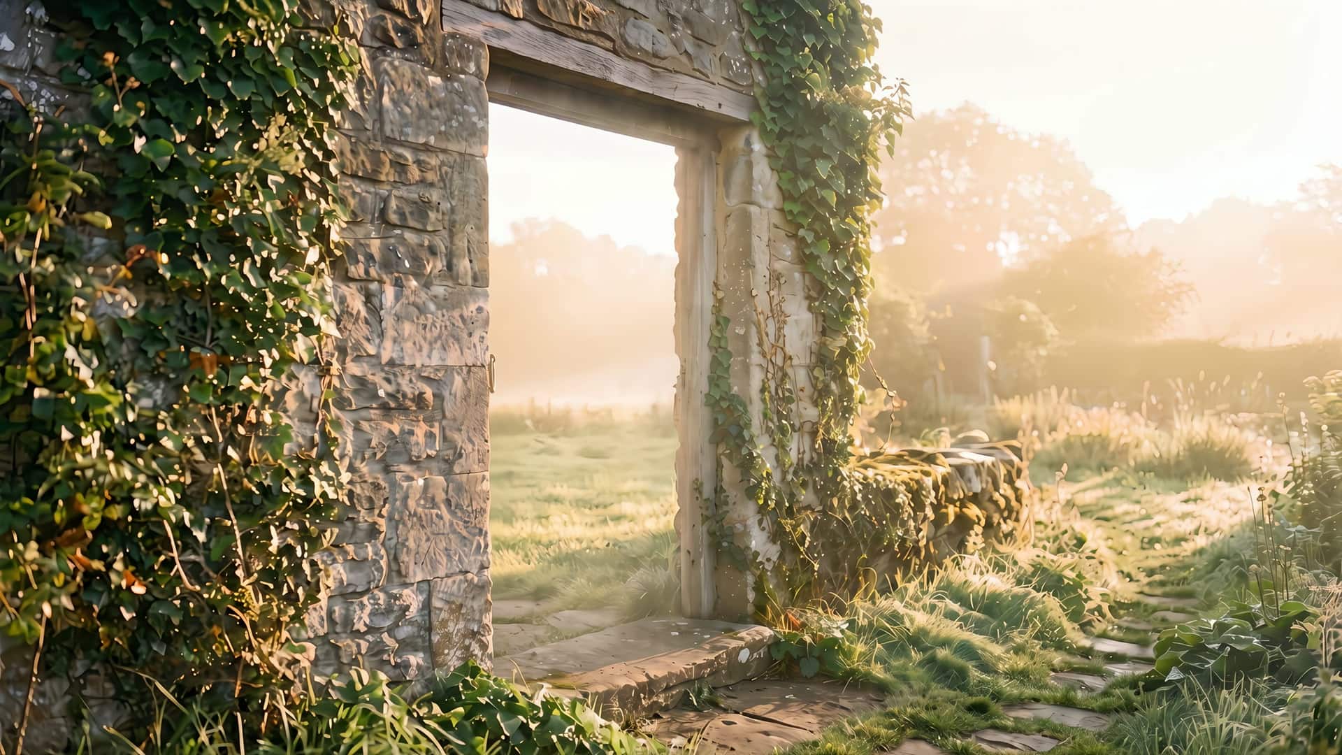 An old garden door in an ivy-covered stone wall opening onto luminous morning mist as you scroll