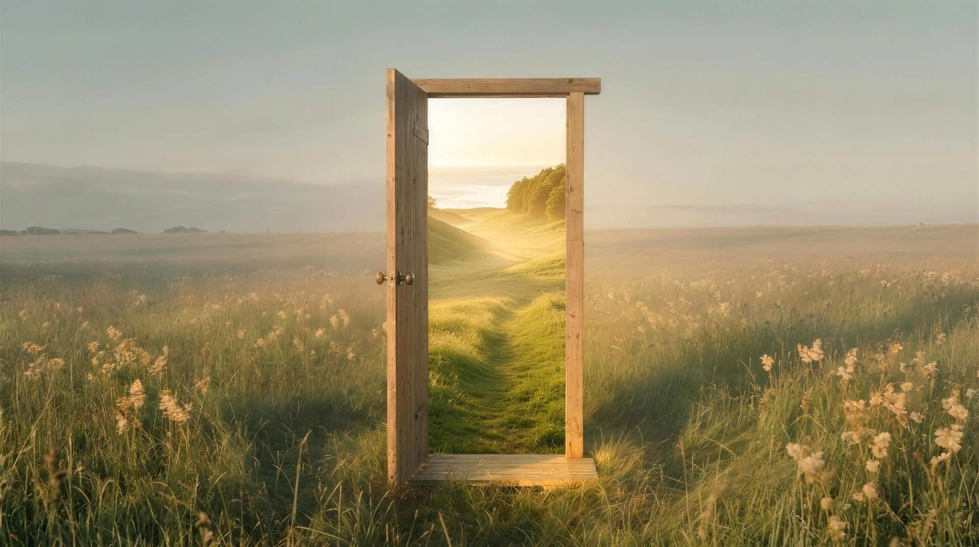 A free-standing wooden door in a misty wildflower meadow swinging open as you scroll, revealing a brighter green valley beyond it where a grass path runs on through the threshold and away over the hills