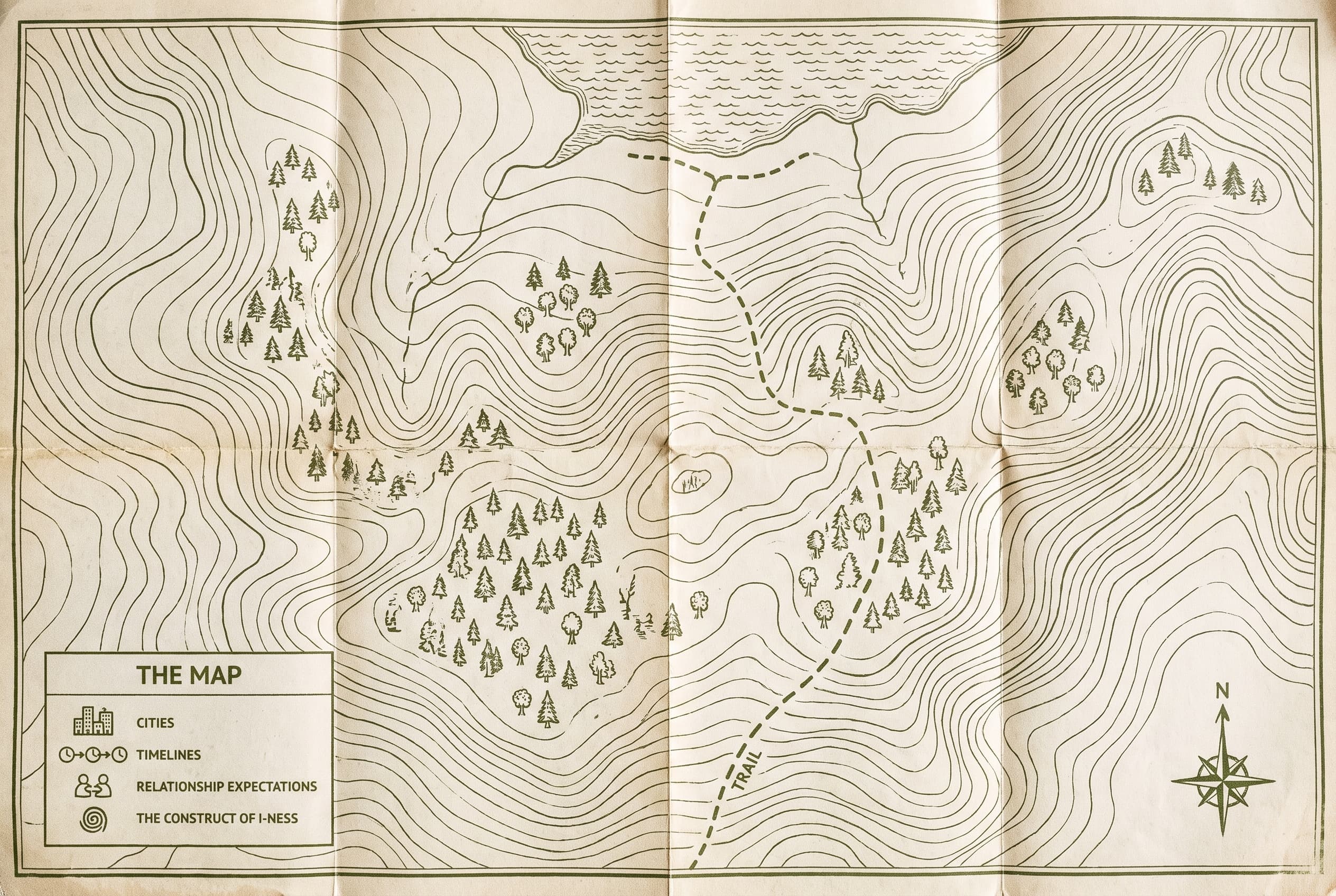A fold-out trail map — cities, timelines, relationship expectations, the construct of I-ness marked as legend entries