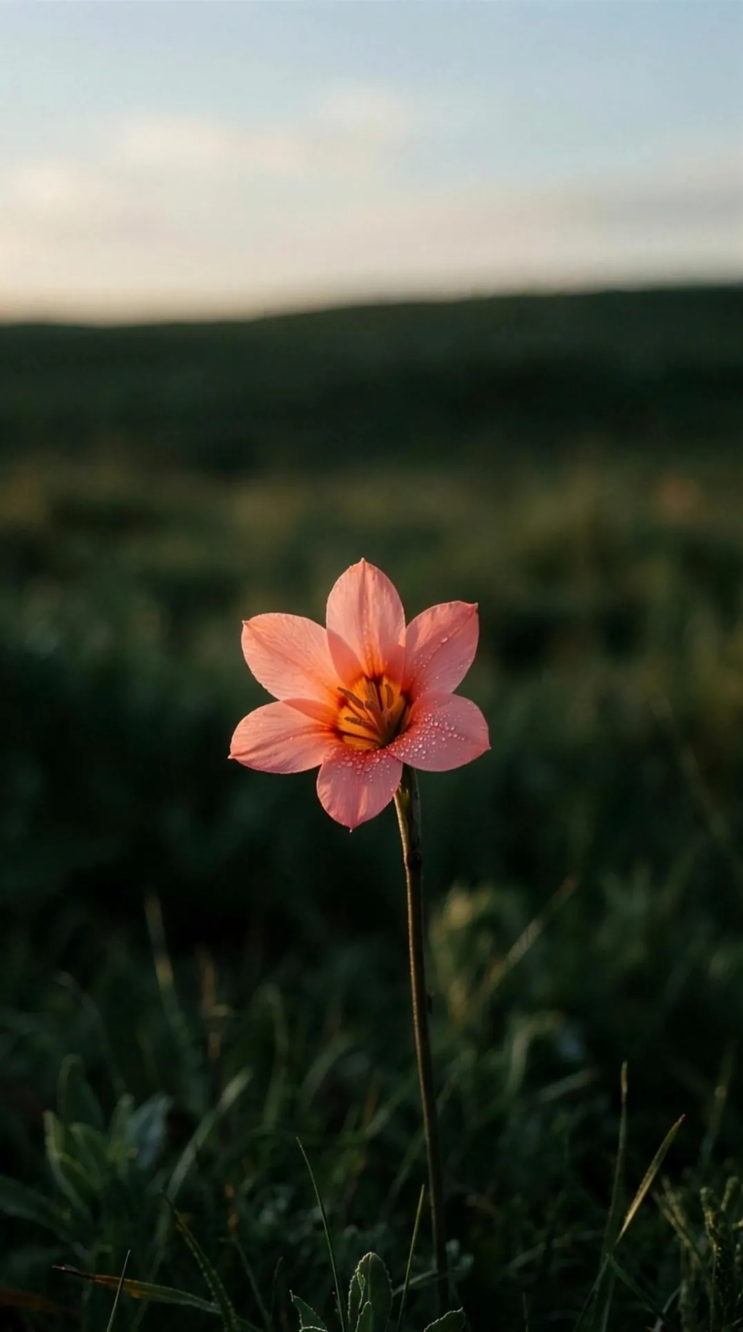 A single wild flower on its stem in a dark meadow at first light, opening from a closed bud to a full bloom and closing again