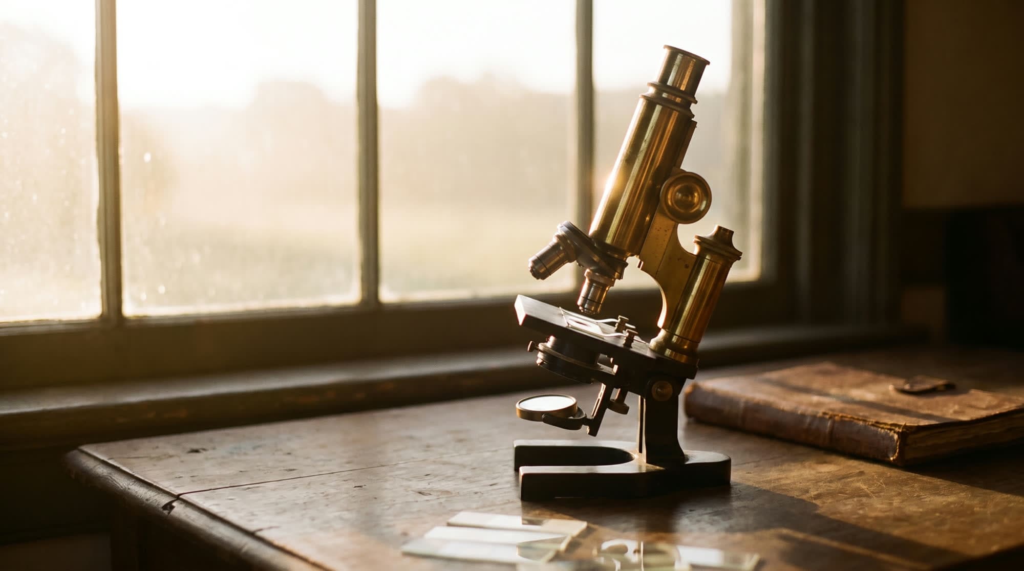 A vintage brass microscope on a desk in morning window light — a boy's first instrument of wonder