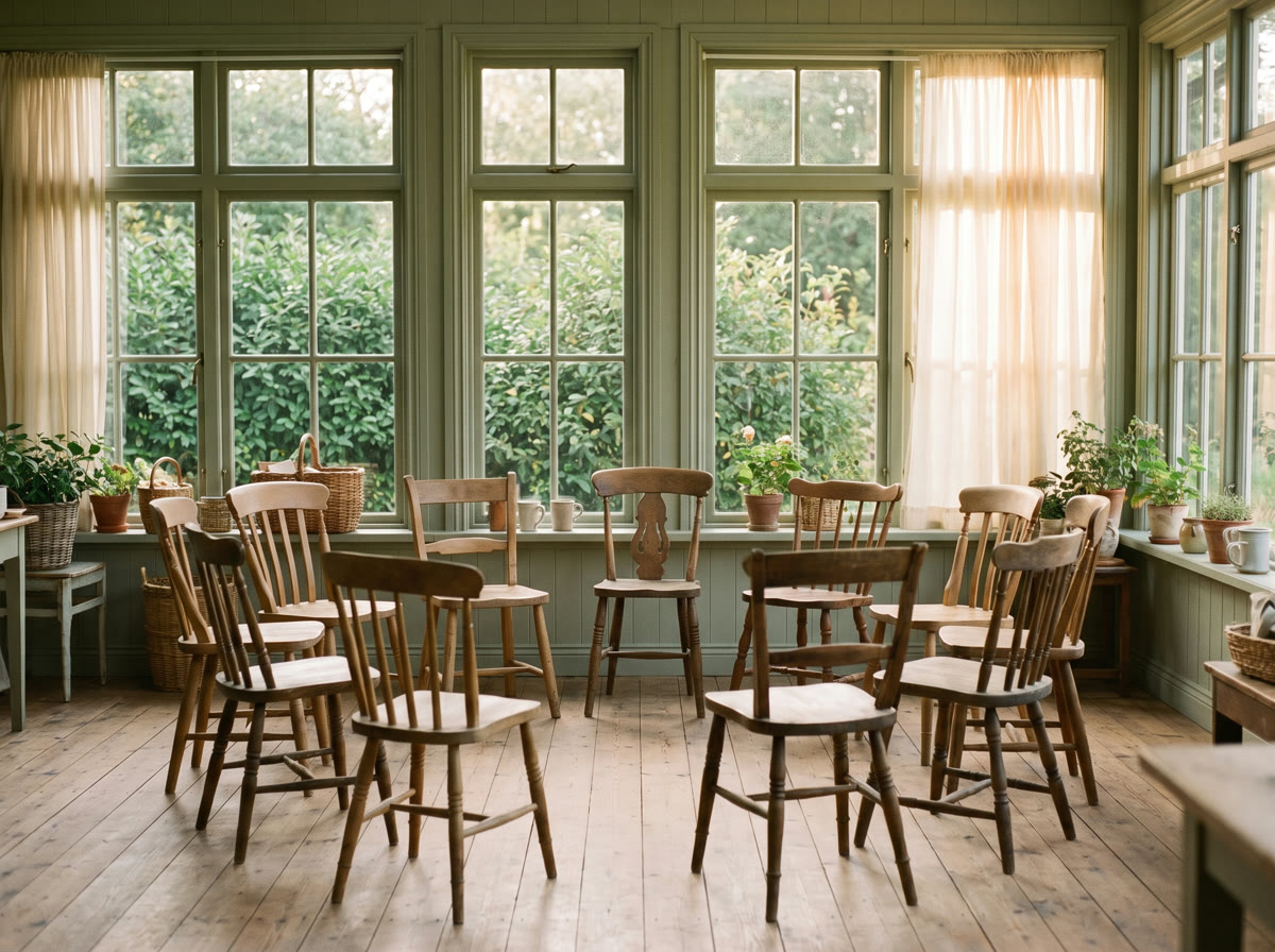 The Constantia room set with chairs for the Health, Healing and Happiness workshop, in warm morning light