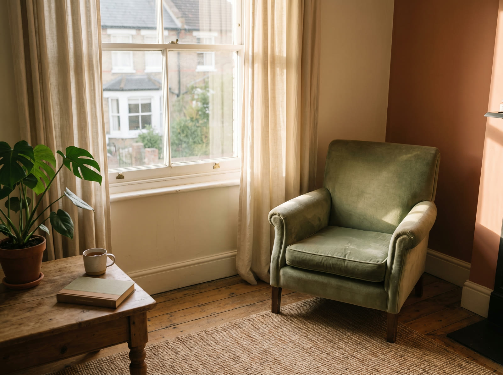 A quiet reading corner — an armchair in morning light, a book and tea waiting