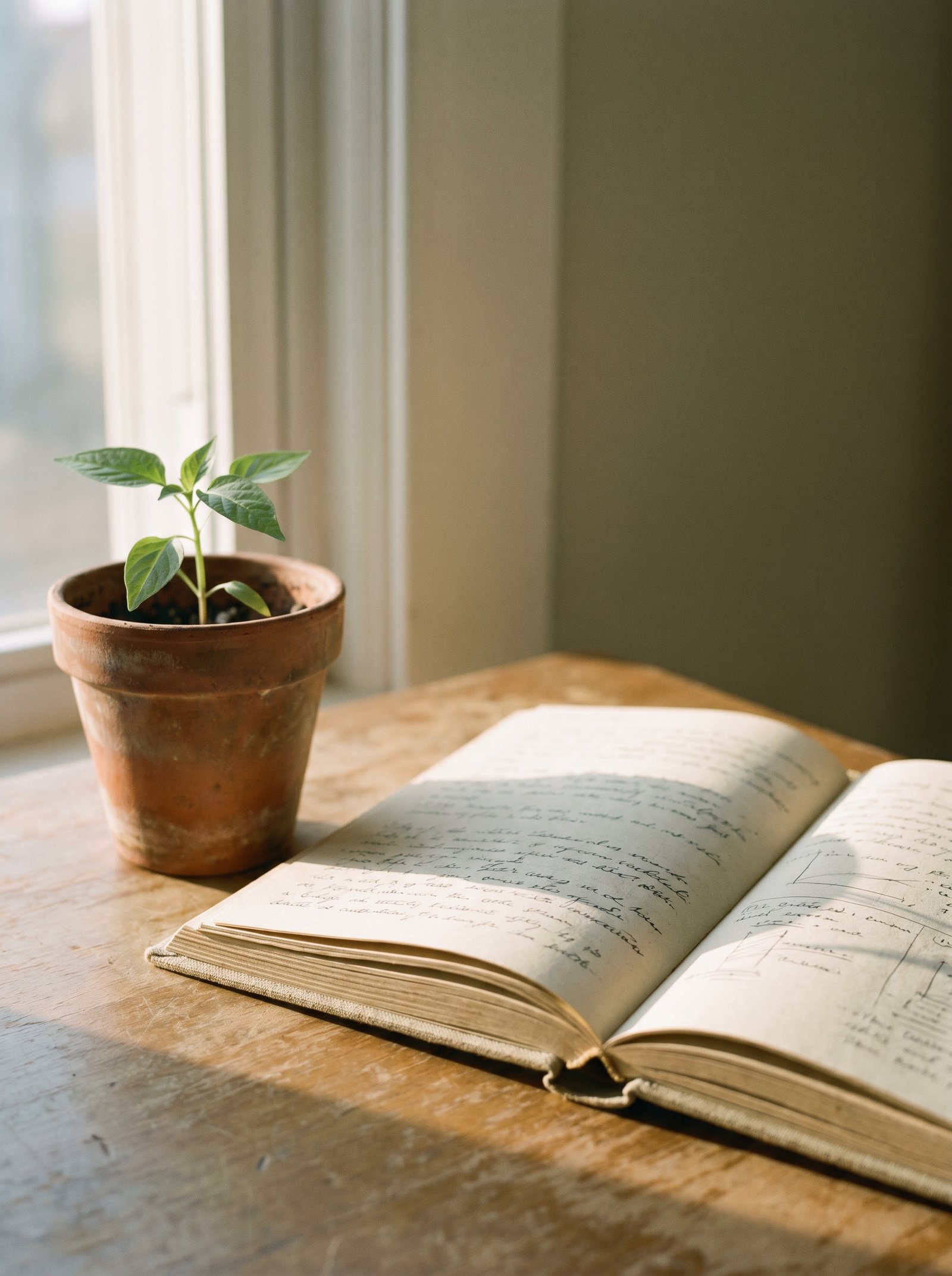 A young seedling in a terracotta pot beside an open handwritten course notebook in warm morning window light — regeneration and study in one frame